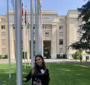 Nicol Martins '17 stands in front of the United Nations building in Geneva, Switzerland. She is working toward her master's degree in international affairs and diplomacy through UNITAR.