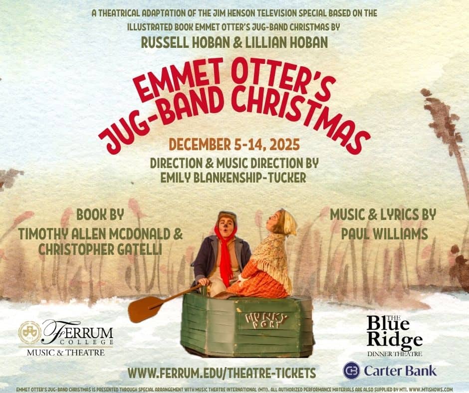 Image of promotional poster for Emmet Otter's Jug-Band Christmas showing two characters singing in a boat with watercolor background, plus dates, sponsor logos, ticket ordering url, plus production information