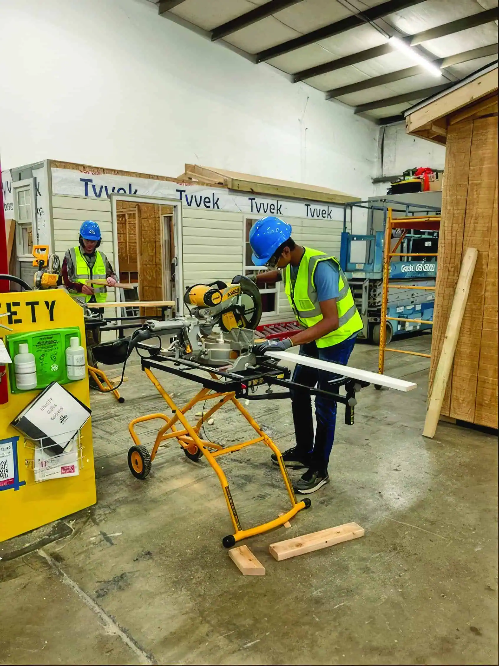 Students use a miter saw to cut pieces of wood, wearing their safety gear.