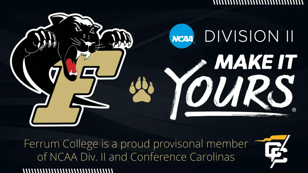 Ferrum College is a proud provisional member of NCAA Div. II and Conference Carolinas with Ferrum Athletic, NCAA D2 logo and Conference Carolina logos