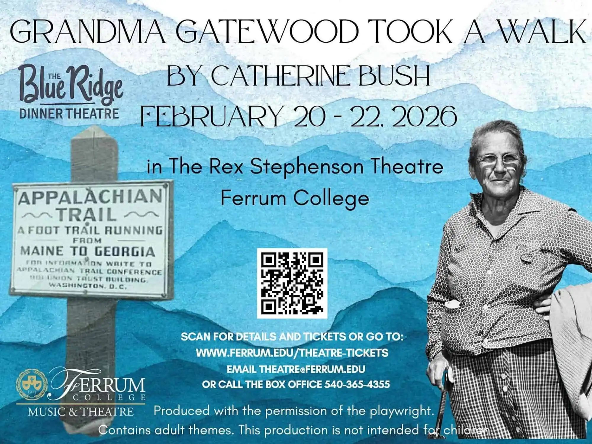 Graphic for play "Grandma Gatewood Took a Walk" with light blue and white mountains in background, photo of older woman, and photo of Appalachian Trail sign with details about ordering tickets for Feb 20-22 play 2026