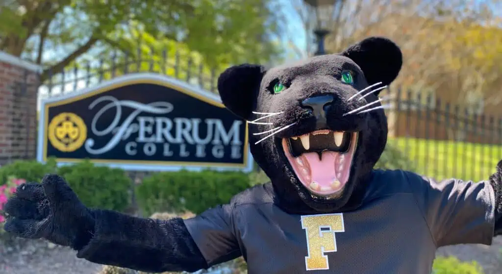 Ferrum College panther mascot standing outside of the campus entrance.