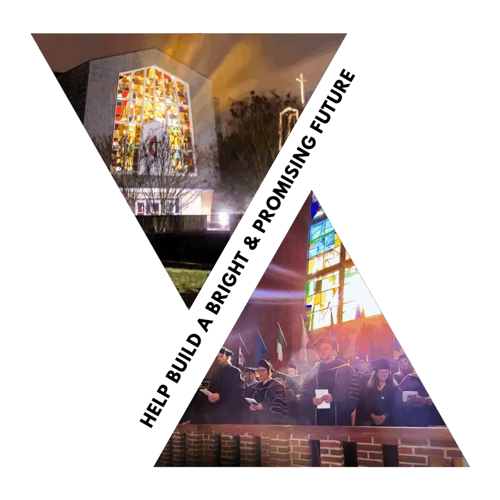 Two triangular images. One of a nighttime view of a campus chapel with large stained-glass windows glowing in warm colors. A white cross is illuminated by the building, and light beams into the cloudy night sky. The second image is of Ferrum College faculty illuminated by the light from stained glass behind them. 