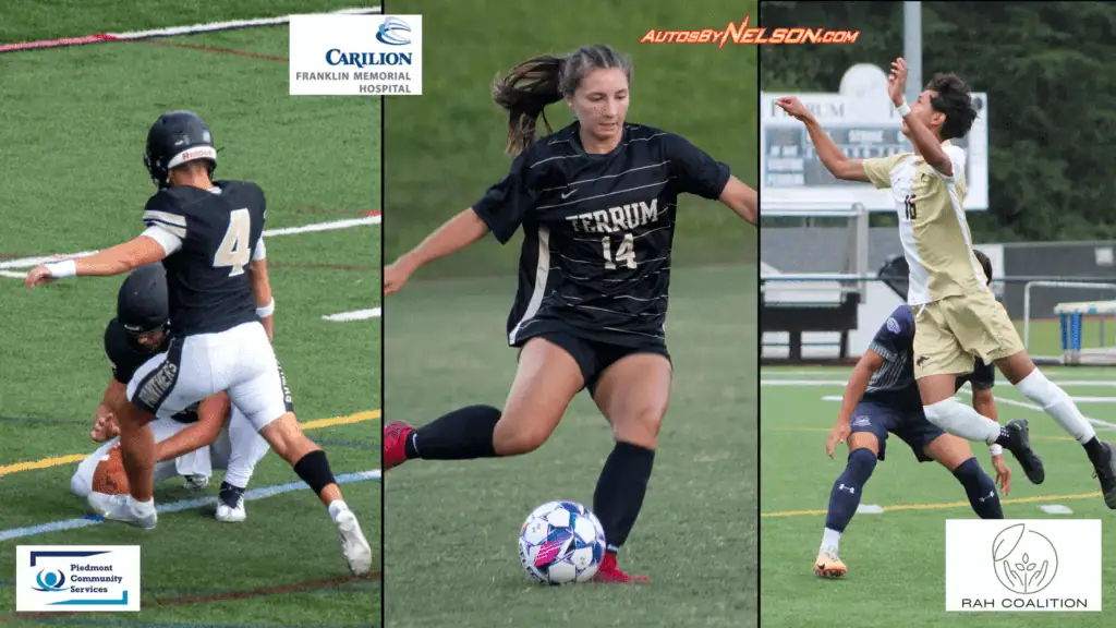 Three student athletes in action. Logos of Carilion Clinic AutosbyNelson.com, RAH Coalition, and Piedmont Community Services.