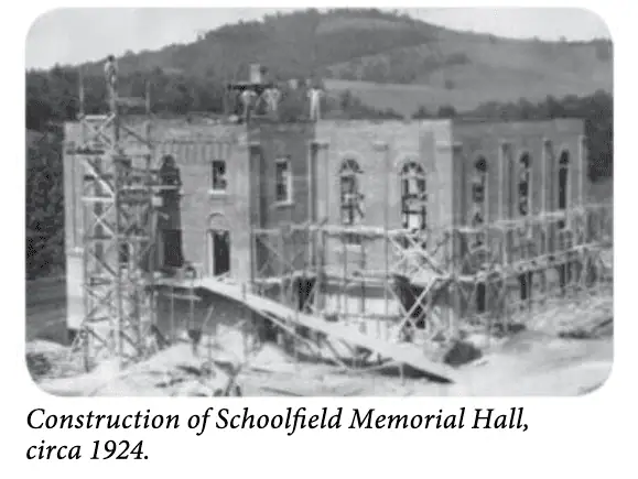 Black and white construction photo of Schoolfield Hall on the Ferrum College campus