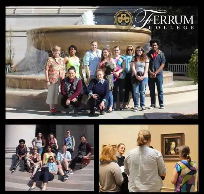 Three photos of professors at National Gallery of Art in DC, outside by fountain, on steps, and looking at the Da Vinci painting