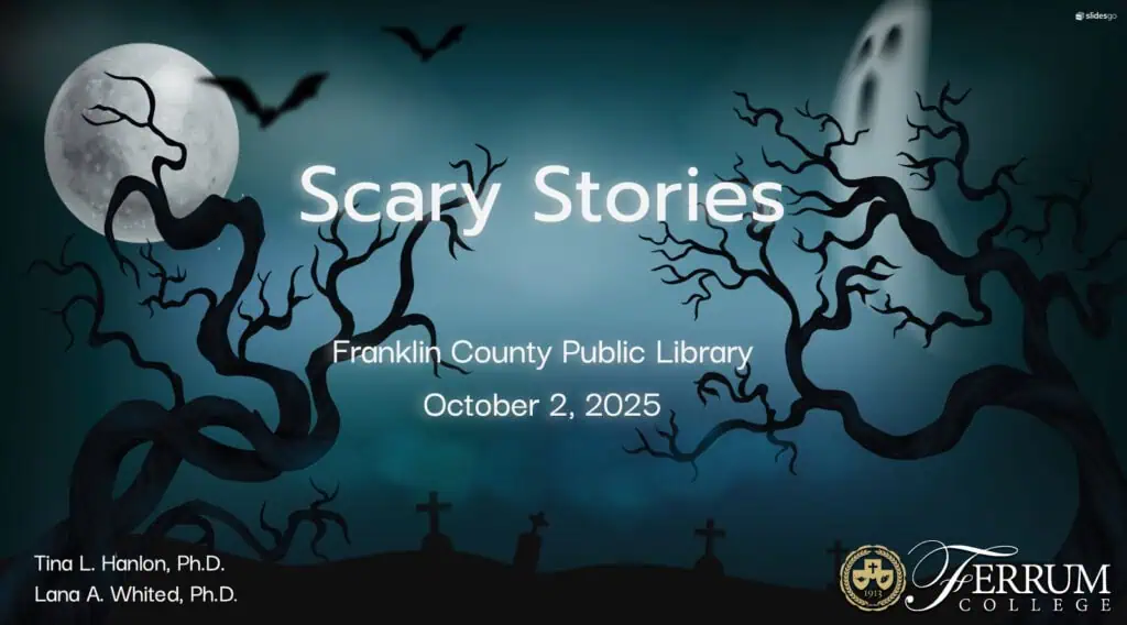 Dark spooky graphic with a moon and ghost for scary stories talk by Tina Hanlon and Lana Whited