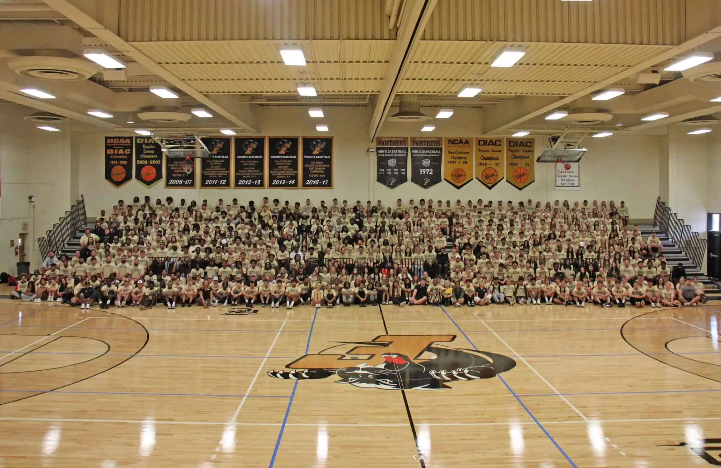 Hundreds of student-athletes are pictured in the group shot taken during the Ferrum College Athletic Convocation in Swartz Gym