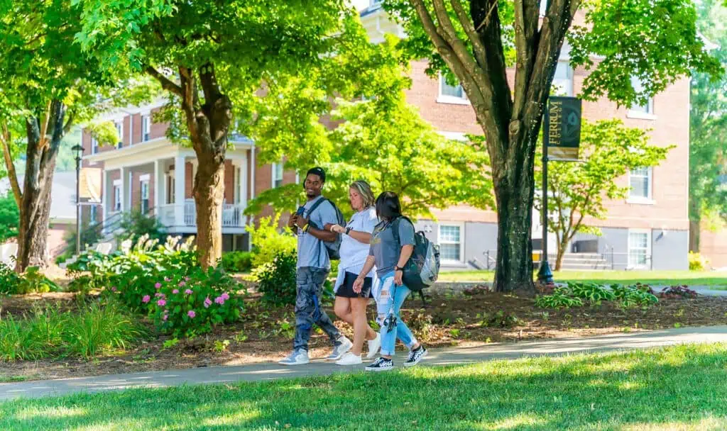 three students walking on sidewalk underneath trees