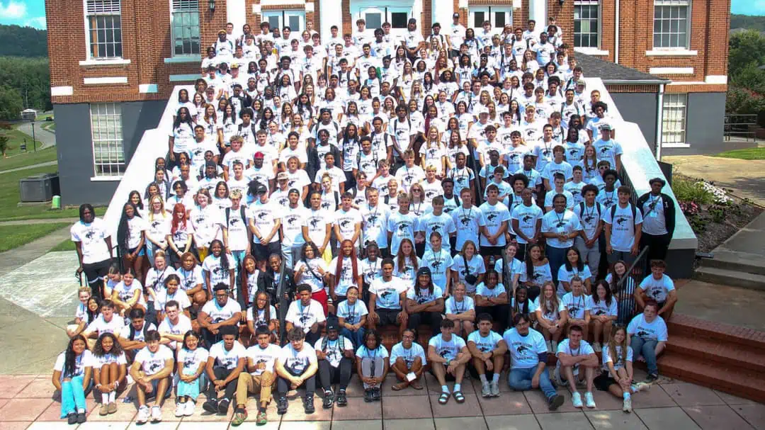 Ferrum College class of 2029 is pictured on the steps of Schoolfield Hall
