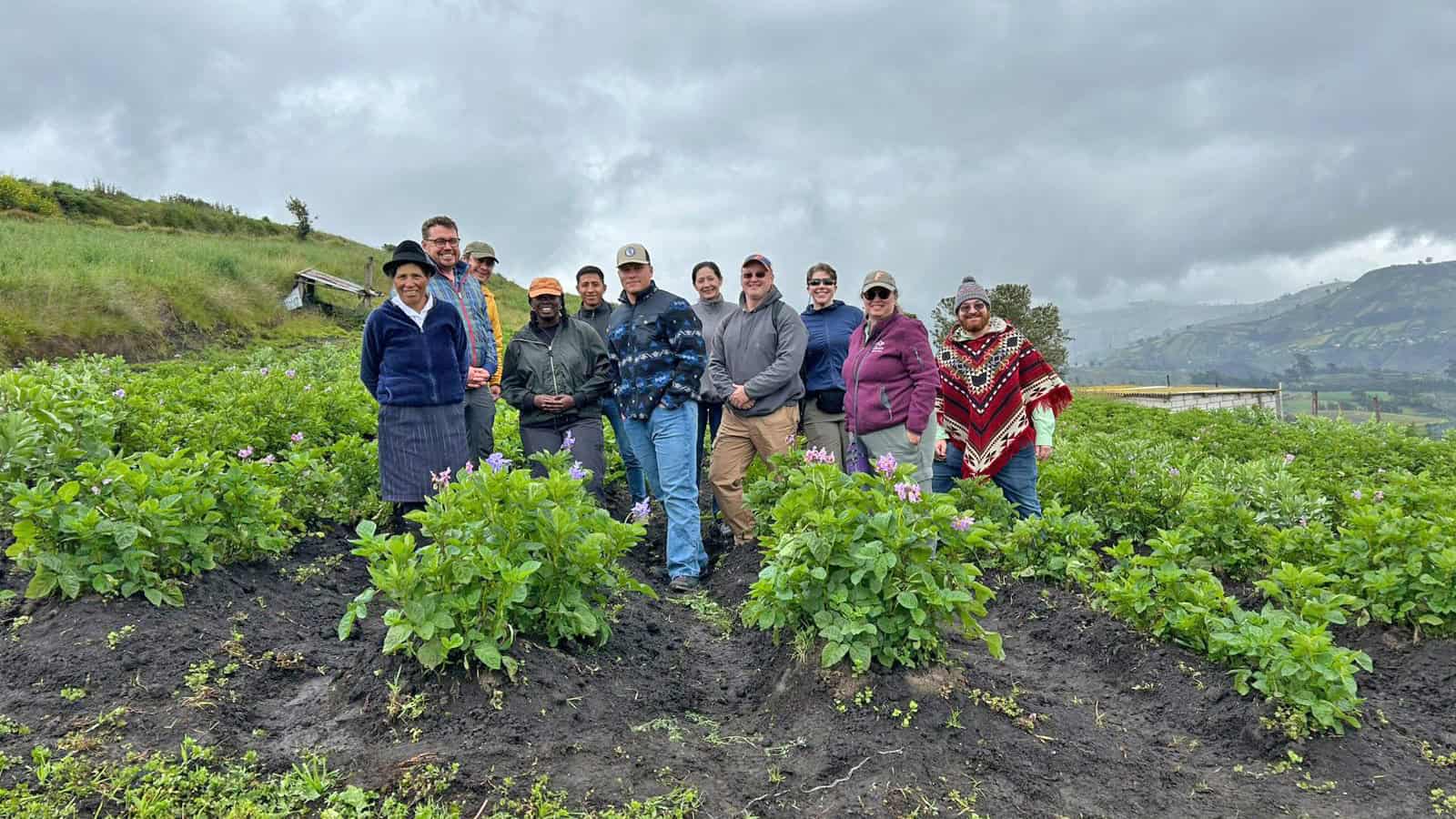 Ferrum College Associate Professor of Crop Science Tim Durham wearing a gray hoodie stands in a cop field with a group of other professors in Ecuador