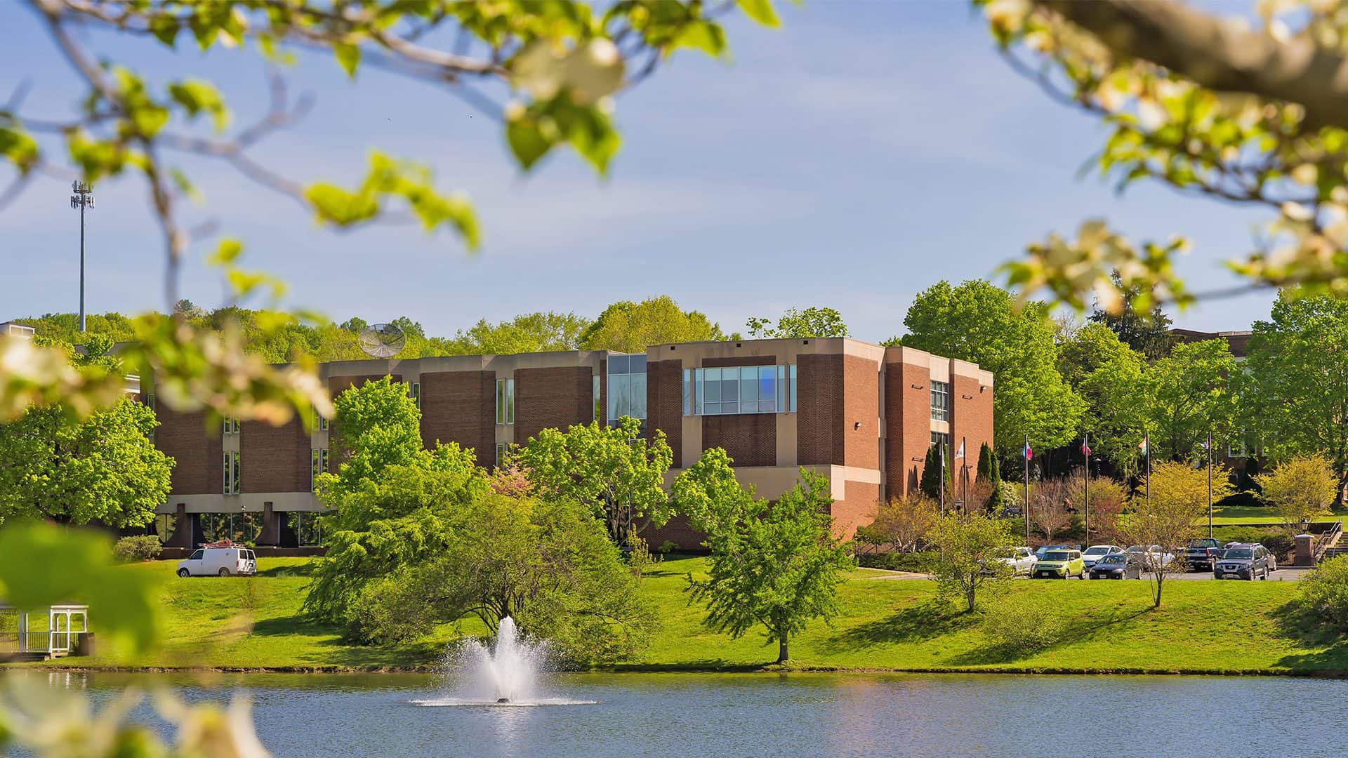 Stanley Library at Ferrum College with Adams Lake in the foreground