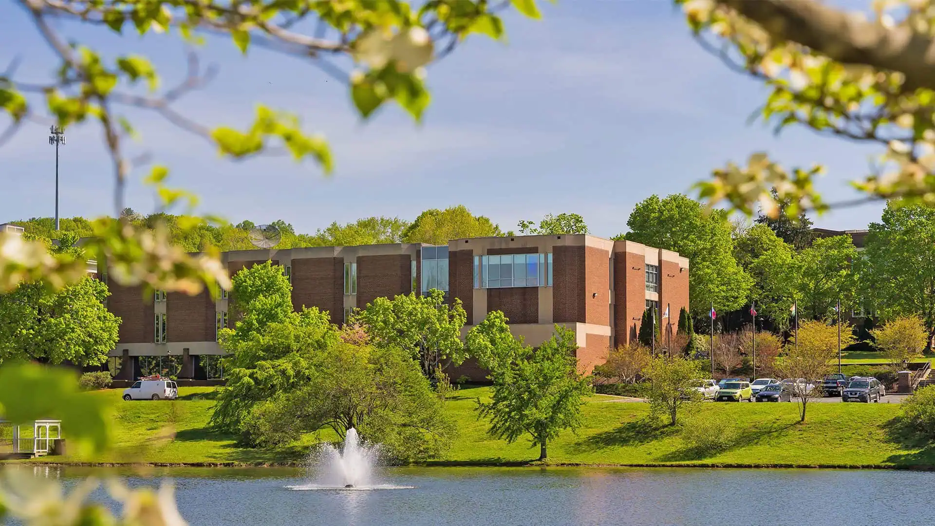 Stanley Library at Ferrum College with Adams Lake in the foreground