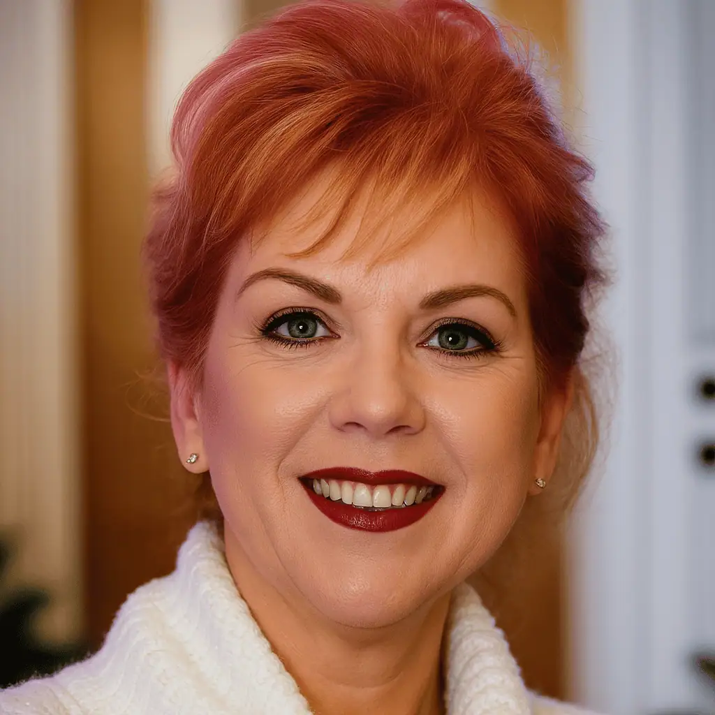 Headshot photo taken inside of Velma Jean Stanley who has red hair and is wearing a white turtleneck sweater