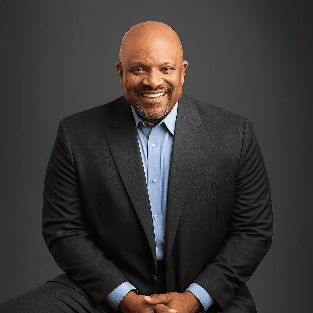 Photo of a smiling William July wearing a dark suit with blue shirt in front of a gray background